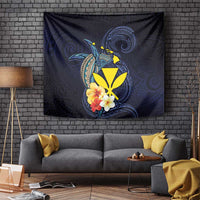 Hawaiian Whale and Kanaka Maoli Symbol Tapestry Hibiscus with Hawaii Map and Polynesian Tattoo Deep Sea Color LT03 - Polynesian Pride