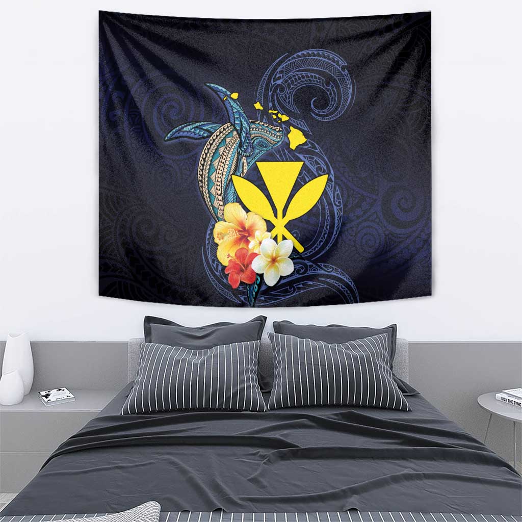 Hawaiian Whale and Kanaka Maoli Symbol Tapestry Hibiscus with Hawaii Map and Polynesian Tattoo Deep Sea Color LT03 - Polynesian Pride
