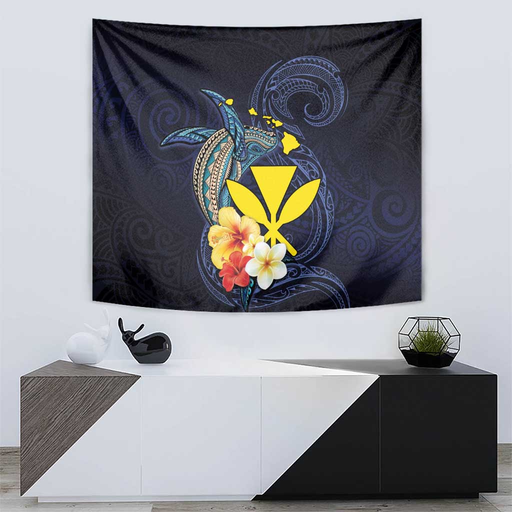 Hawaiian Whale and Kanaka Maoli Symbol Tapestry Hibiscus with Hawaii Map and Polynesian Tattoo Deep Sea Color LT03 - Polynesian Pride