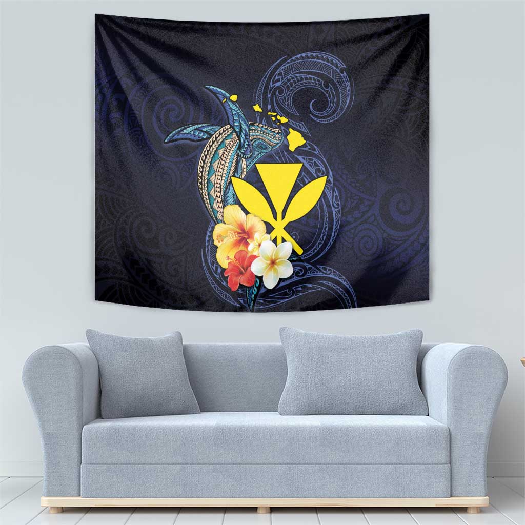 Hawaiian Whale and Kanaka Maoli Symbol Tapestry Hibiscus with Hawaii Map and Polynesian Tattoo Deep Sea Color LT03 - Polynesian Pride