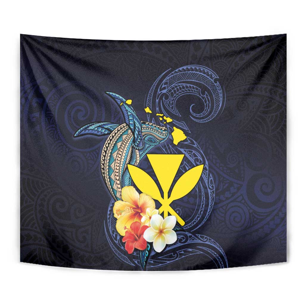 Hawaiian Whale and Kanaka Maoli Symbol Tapestry Hibiscus with Hawaii Map and Polynesian Tattoo Deep Sea Color LT03 - Polynesian Pride