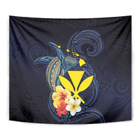 Hawaiian Whale and Kanaka Maoli Symbol Tapestry Hibiscus with Hawaii Map and Polynesian Tattoo Deep Sea Color LT03 - Polynesian Pride