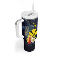 Hawaiian Whale and Kanaka Maoli Symbol Tumbler With Handle Hibiscus with Hawaii Map and Polynesian Tattoo Deep Sea Color LT03 - Polynesian Pride