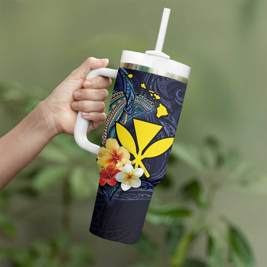 Hawaiian Whale and Kanaka Maoli Symbol Tumbler With Handle Hibiscus with Hawaii Map and Polynesian Tattoo Deep Sea Color LT03 - Polynesian Pride