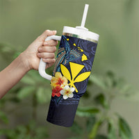 Hawaiian Whale and Kanaka Maoli Symbol Tumbler With Handle Hibiscus with Hawaii Map and Polynesian Tattoo Deep Sea Color LT03 - Polynesian Pride