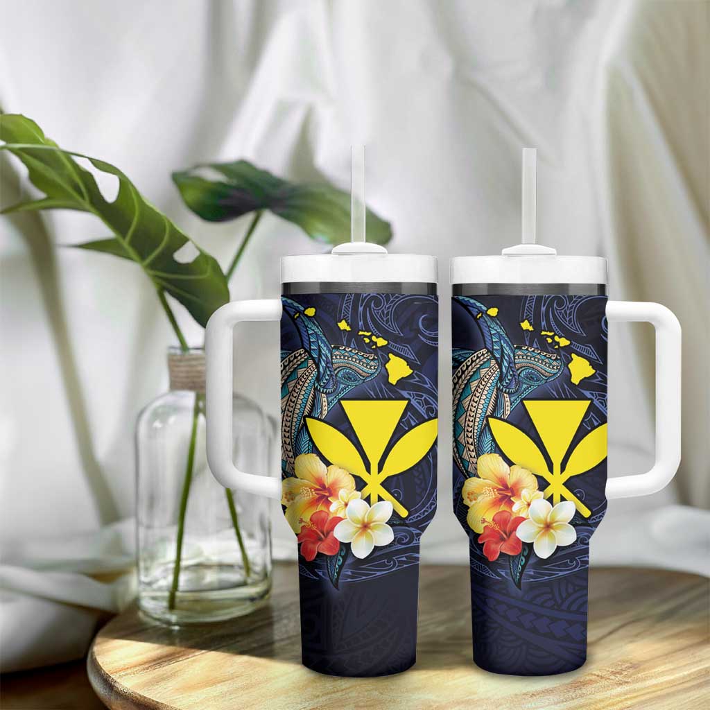 Hawaiian Whale and Kanaka Maoli Symbol Tumbler With Handle Hibiscus with Hawaii Map and Polynesian Tattoo Deep Sea Color LT03 - Polynesian Pride