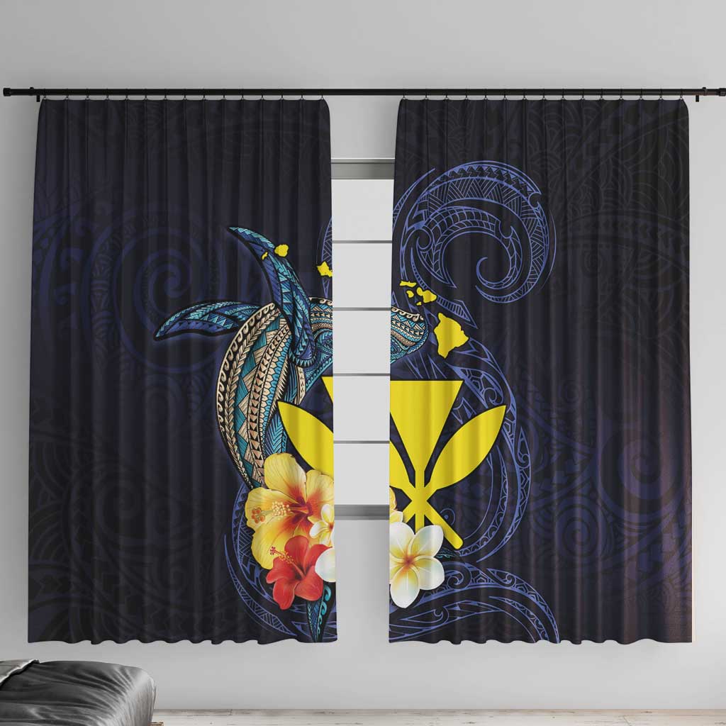 Hawaiian Whale and Kanaka Maoli Symbol Window Curtain Hibiscus with Hawaii Map and Polynesian Tattoo Deep Sea Color LT03 With Hooks Blue - Polynesian Pride