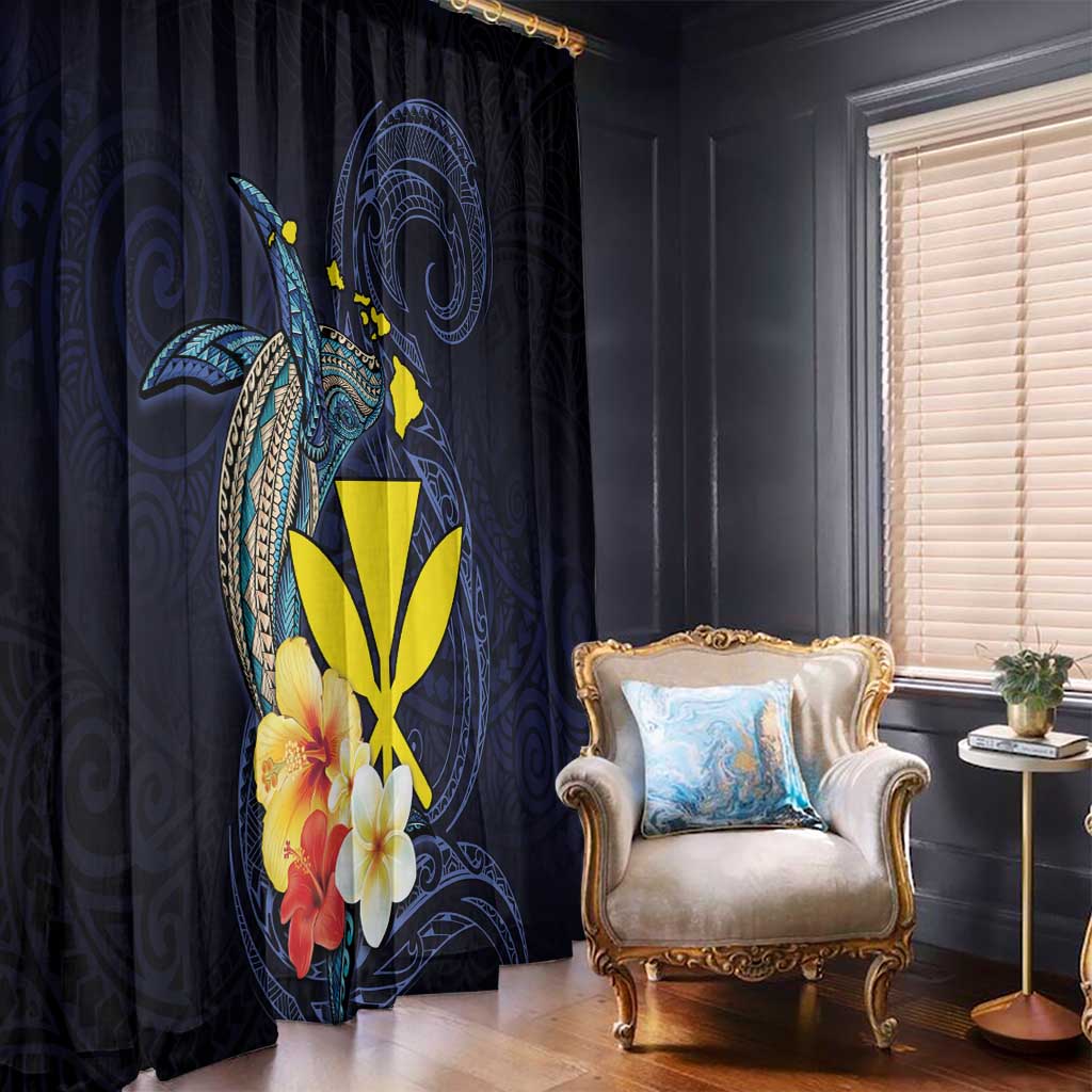 Hawaiian Whale and Kanaka Maoli Symbol Window Curtain Hibiscus with Hawaii Map and Polynesian Tattoo Deep Sea Color LT03 - Polynesian Pride