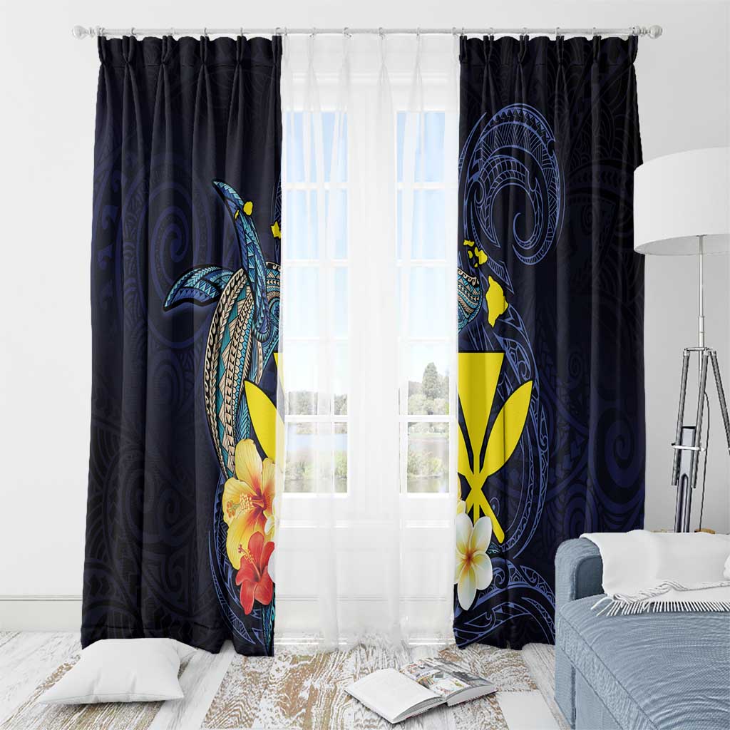 Hawaiian Whale and Kanaka Maoli Symbol Window Curtain Hibiscus with Hawaii Map and Polynesian Tattoo Deep Sea Color LT03 - Polynesian Pride