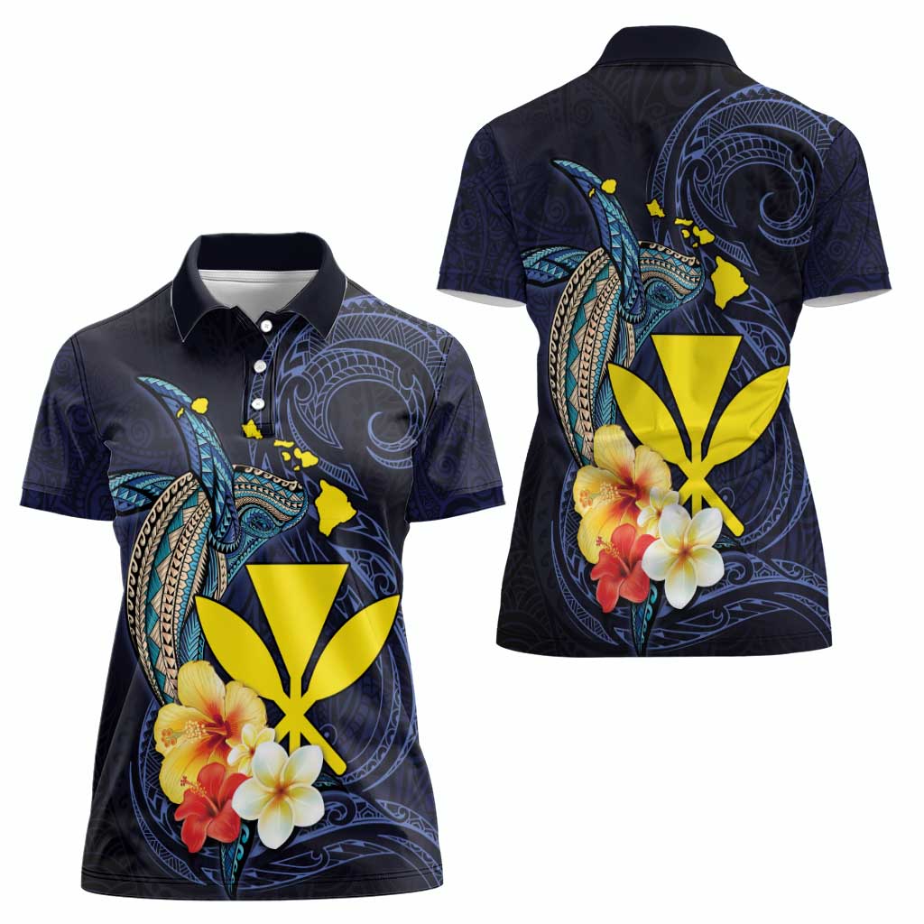 Hawaiian Whale and Kanaka Maoli Symbol Women Polo Shirt Hibiscus with Hawaii Map and Polynesian Tattoo Deep Sea Color