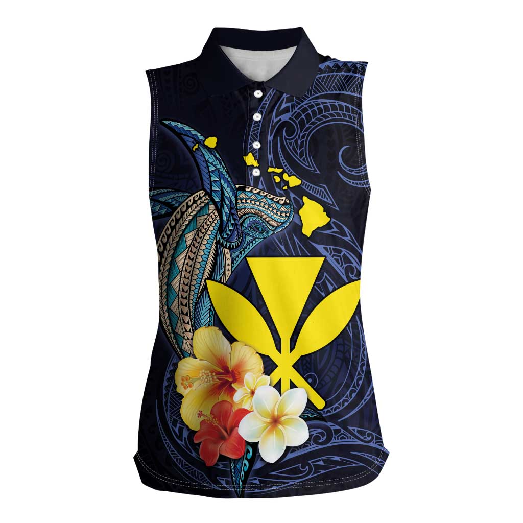 Hawaiian Whale and Kanaka Maoli Symbol Women Sleeveless Polo Shirt Hibiscus with Hawaii Map and Polynesian Tattoo Deep Sea Color LT03 Female Blue - Polynesian Pride
