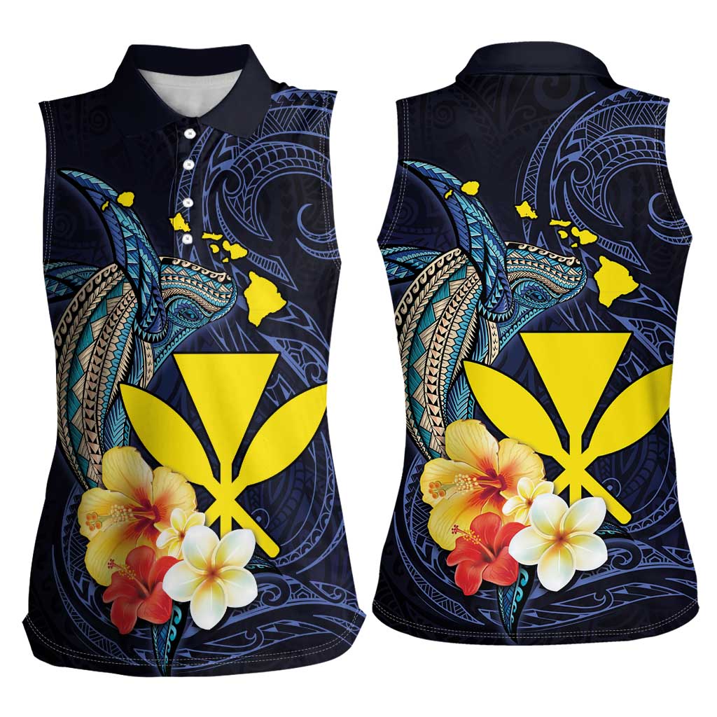 Hawaiian Whale and Kanaka Maoli Symbol Women Sleeveless Polo Shirt Hibiscus with Hawaii Map and Polynesian Tattoo Deep Sea Color LT03 - Polynesian Pride