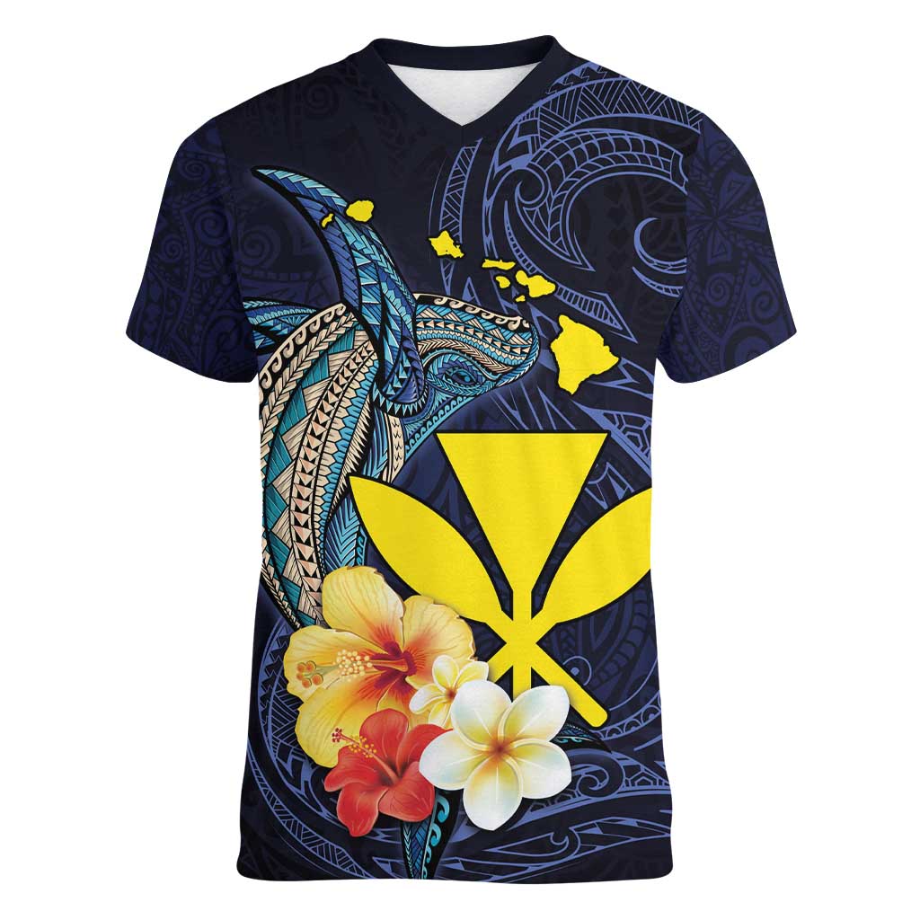 Hawaiian Whale and Kanaka Maoli Symbol Women V-Neck T-Shirt Hibiscus with Hawaii Map and Polynesian Tattoo Deep Sea Color LT03 Female Blue - Polynesian Pride