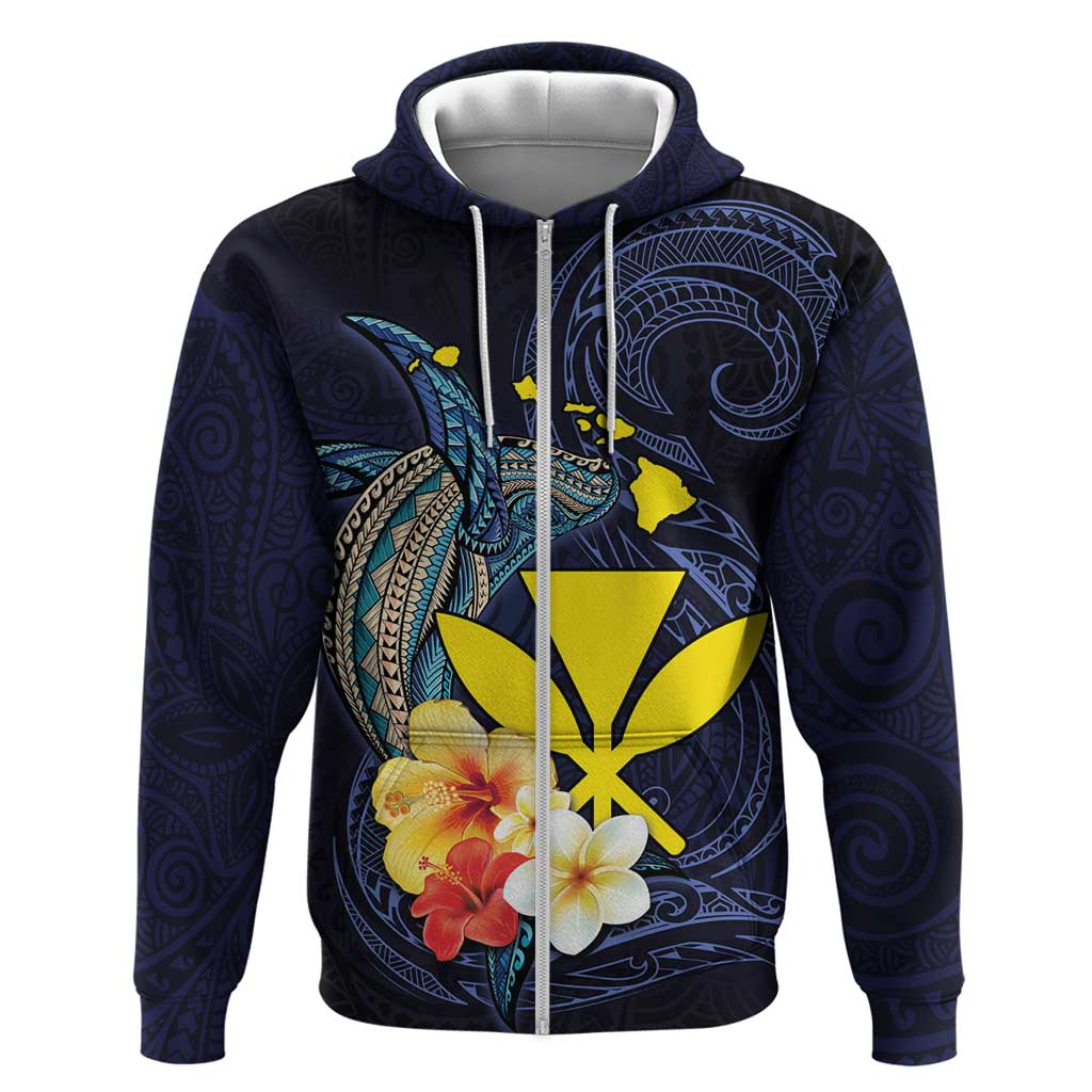 Hawaiian Whale and Kanaka Maoli Symbol Zip Hoodie Hibiscus with Hawaii Map and Polynesian Tattoo Deep Sea Color LT03 Zip Hoodie Blue - Polynesian Pride