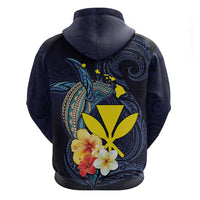 Hawaiian Whale and Kanaka Maoli Symbol Zip Hoodie Hibiscus with Hawaii Map and Polynesian Tattoo Deep Sea Color LT03 - Polynesian Pride