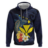 Hawaiian Whale and Kanaka Maoli Symbol Zip Hoodie Hibiscus with Hawaii Map and Polynesian Tattoo Deep Sea Color LT03 Pullover Hoodie Blue - Polynesian Pride