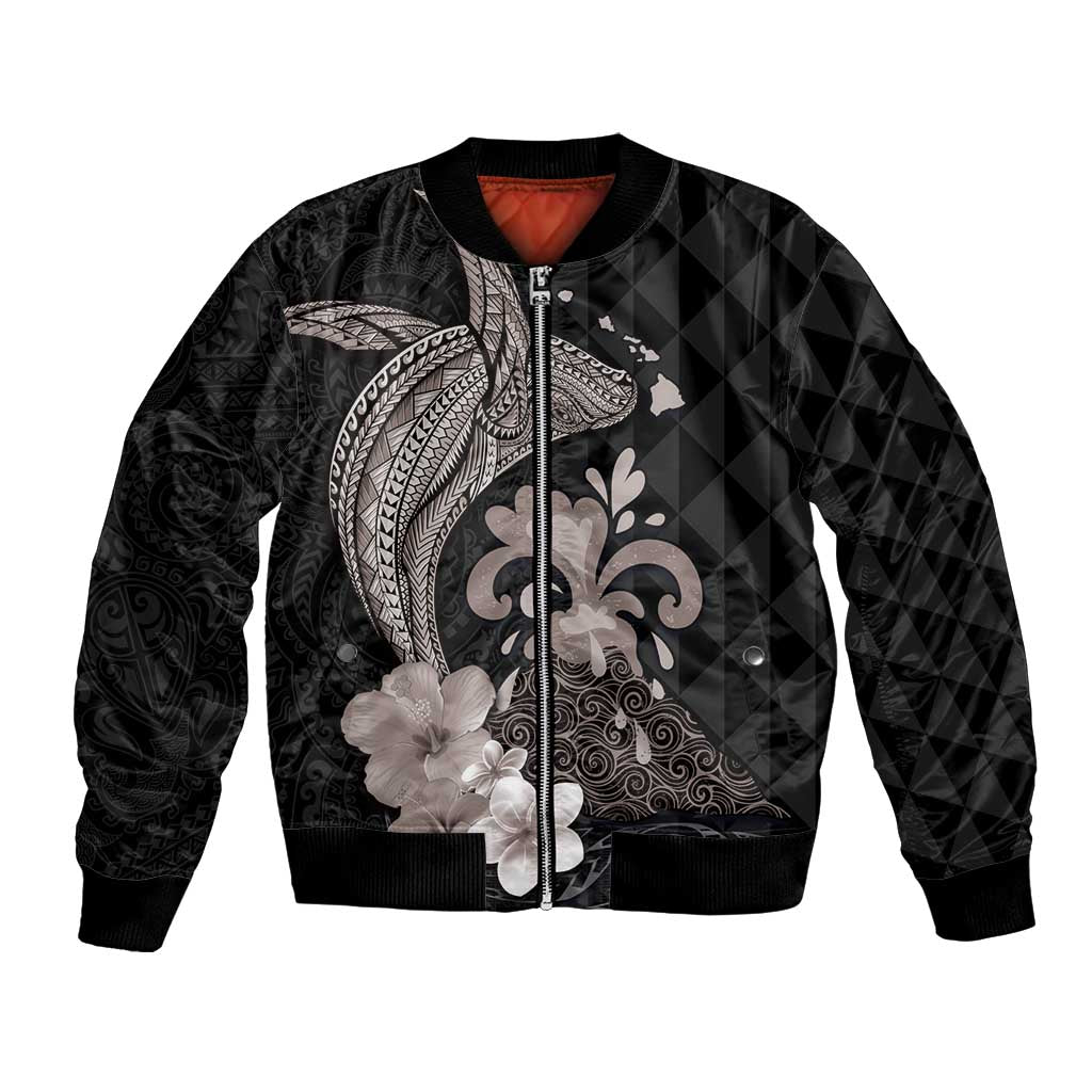 Hawaiian Whale and Volcanic Eruption Bomber Jacket Hibiscus and Kakau Pattern Grayscale Color LT03 Unisex Black - Polynesian Pride