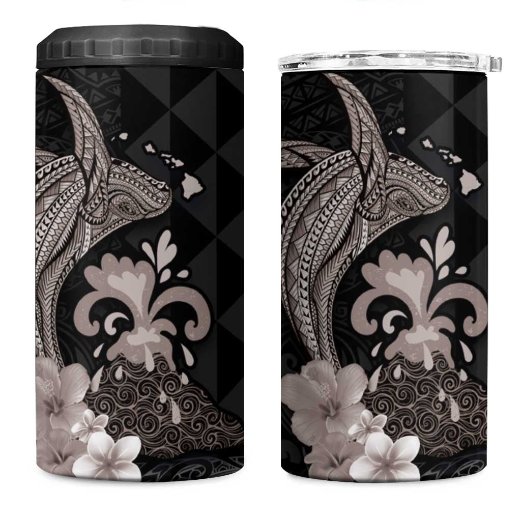 Hawaiian Whale and Volcanic Eruption 4 in 1 Can Cooler Tumbler Hibiscus and Kakau Pattern Grayscale Color LT03 One Size: 16 oz Black - Polynesian Pride