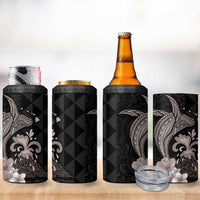 Hawaiian Whale and Volcanic Eruption 4 in 1 Can Cooler Tumbler Hibiscus and Kakau Pattern Grayscale Color LT03 - Polynesian Pride