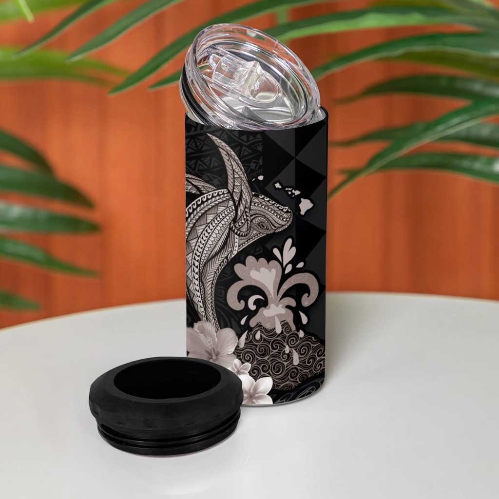 Hawaiian Whale and Volcanic Eruption 4 in 1 Can Cooler Tumbler Hibiscus and Kakau Pattern Grayscale Color LT03 - Polynesian Pride