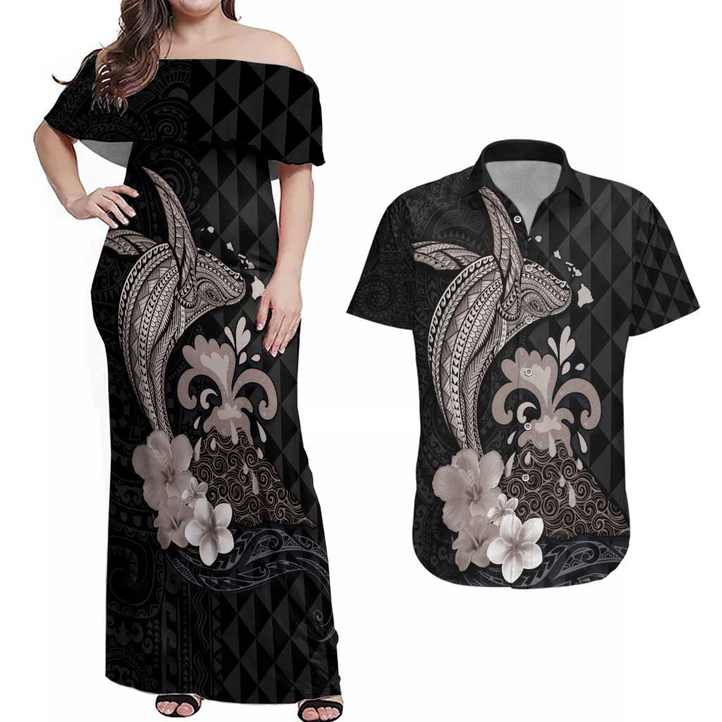 Hawaiian Whale and Volcanic Eruption Couples Matching Off Shoulder Maxi Dress and Hawaiian Shirt Hibiscus and Kakau Pattern Grayscale Color LT03 Black - Polynesian Pride