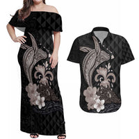 Hawaiian Whale and Volcanic Eruption Couples Matching Off Shoulder Maxi Dress and Hawaiian Shirt Hibiscus and Kakau Pattern Grayscale Color LT03 Black - Polynesian Pride