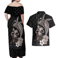 Hawaiian Whale and Volcanic Eruption Couples Matching Off Shoulder Maxi Dress and Hawaiian Shirt Hibiscus and Kakau Pattern Grayscale Color LT03 - Polynesian Pride