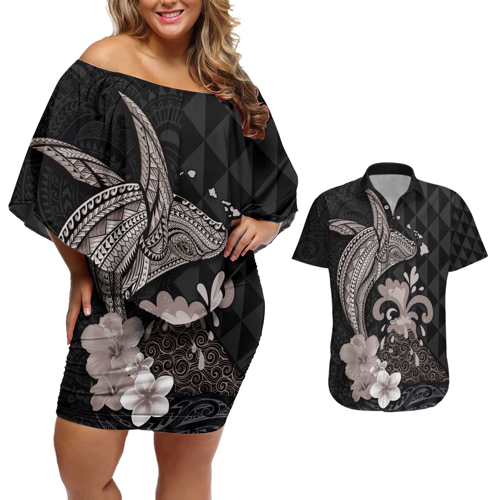 Hawaiian Whale and Volcanic Eruption Couples Matching Off Shoulder Short Dress and Hawaiian Shirt Hibiscus and Kakau Pattern Grayscale Color