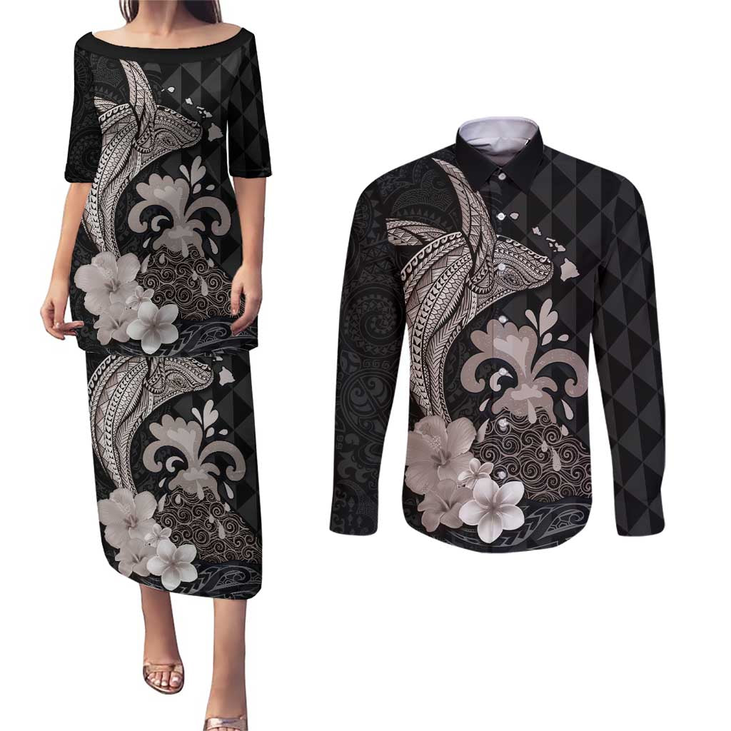Hawaiian Whale and Volcanic Eruption Couples Matching Puletasi and Long Sleeve Button Shirt Hibiscus and Kakau Pattern Grayscale Color