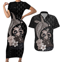 Hawaiian Whale and Volcanic Eruption Couples Matching Short Sleeve Bodycon Dress and Hawaiian Shirt Hibiscus and Kakau Pattern Grayscale Color LT03 Black - Polynesian Pride