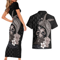 Hawaiian Whale and Volcanic Eruption Couples Matching Short Sleeve Bodycon Dress and Hawaiian Shirt Hibiscus and Kakau Pattern Grayscale Color LT03 - Polynesian Pride