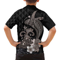 Hawaiian Whale and Volcanic Eruption Family Matching Long Sleeve Bodycon Dress and Hawaiian Shirt Hibiscus and Kakau Pattern Grayscale Color LT03 - Polynesian Pride