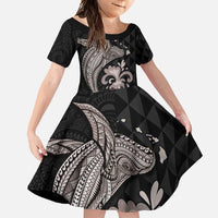 Hawaiian Whale and Volcanic Eruption Family Matching Long Sleeve Bodycon Dress and Hawaiian Shirt Hibiscus and Kakau Pattern Grayscale Color LT03 Daughter's Dress Black - Polynesian Pride