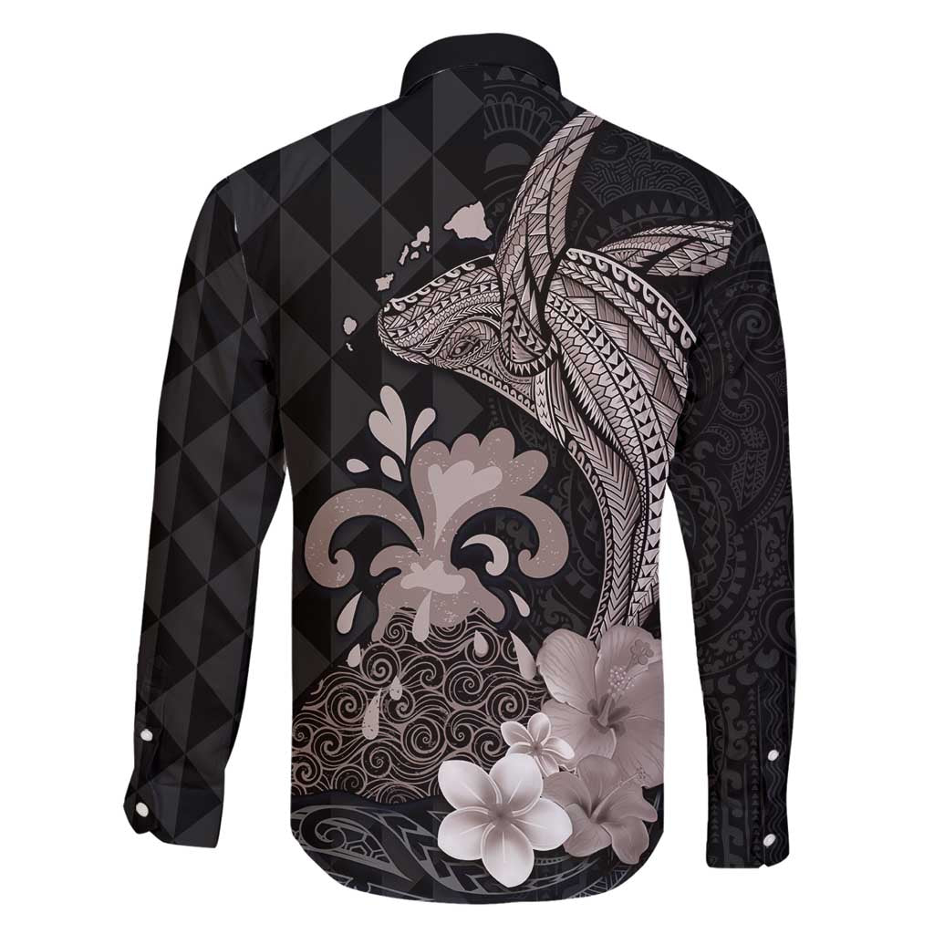 Hawaiian Whale and Volcanic Eruption Family Matching Long Sleeve Bodycon Dress and Hawaiian Shirt Hibiscus and Kakau Pattern Grayscale Color LT03 - Polynesian Pride