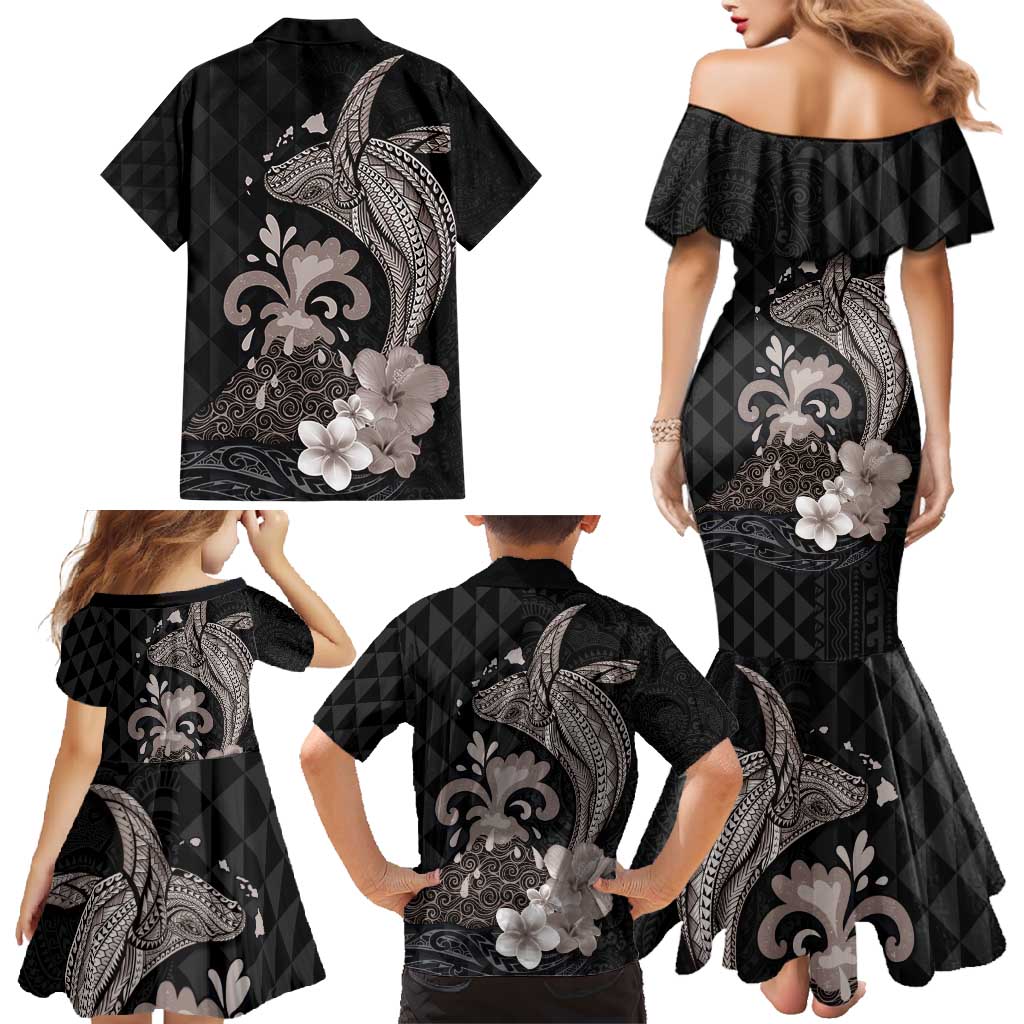 Hawaiian Whale and Volcanic Eruption Family Matching Mermaid Dress and Hawaiian Shirt Hibiscus and Kakau Pattern Grayscale Color LT03 - Polynesian Pride