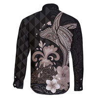 Hawaiian Whale and Volcanic Eruption Family Matching Mermaid Dress and Hawaiian Shirt Hibiscus and Kakau Pattern Grayscale Color LT03 - Polynesian Pride