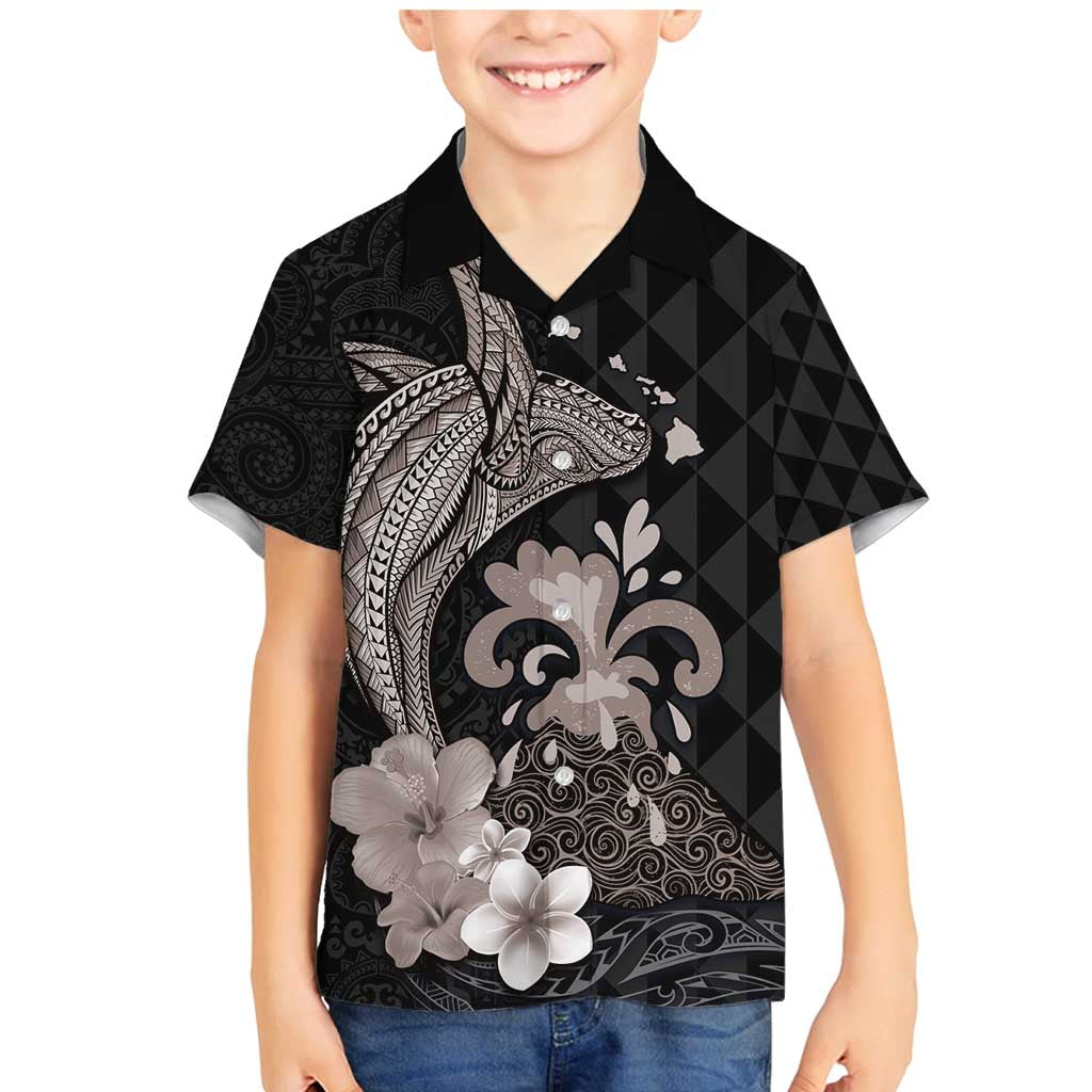 Hawaiian Whale and Volcanic Eruption Family Matching Mermaid Dress and Hawaiian Shirt Hibiscus and Kakau Pattern Grayscale Color LT03 Son's Shirt Black - Polynesian Pride