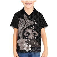 Hawaiian Whale and Volcanic Eruption Family Matching Mermaid Dress and Hawaiian Shirt Hibiscus and Kakau Pattern Grayscale Color LT03 Son's Shirt Black - Polynesian Pride