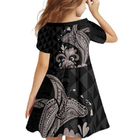 Hawaiian Whale and Volcanic Eruption Family Matching Off The Shoulder Long Sleeve Dress and Hawaiian Shirt Hibiscus and Kakau Pattern Grayscale Color LT03 - Polynesian Pride