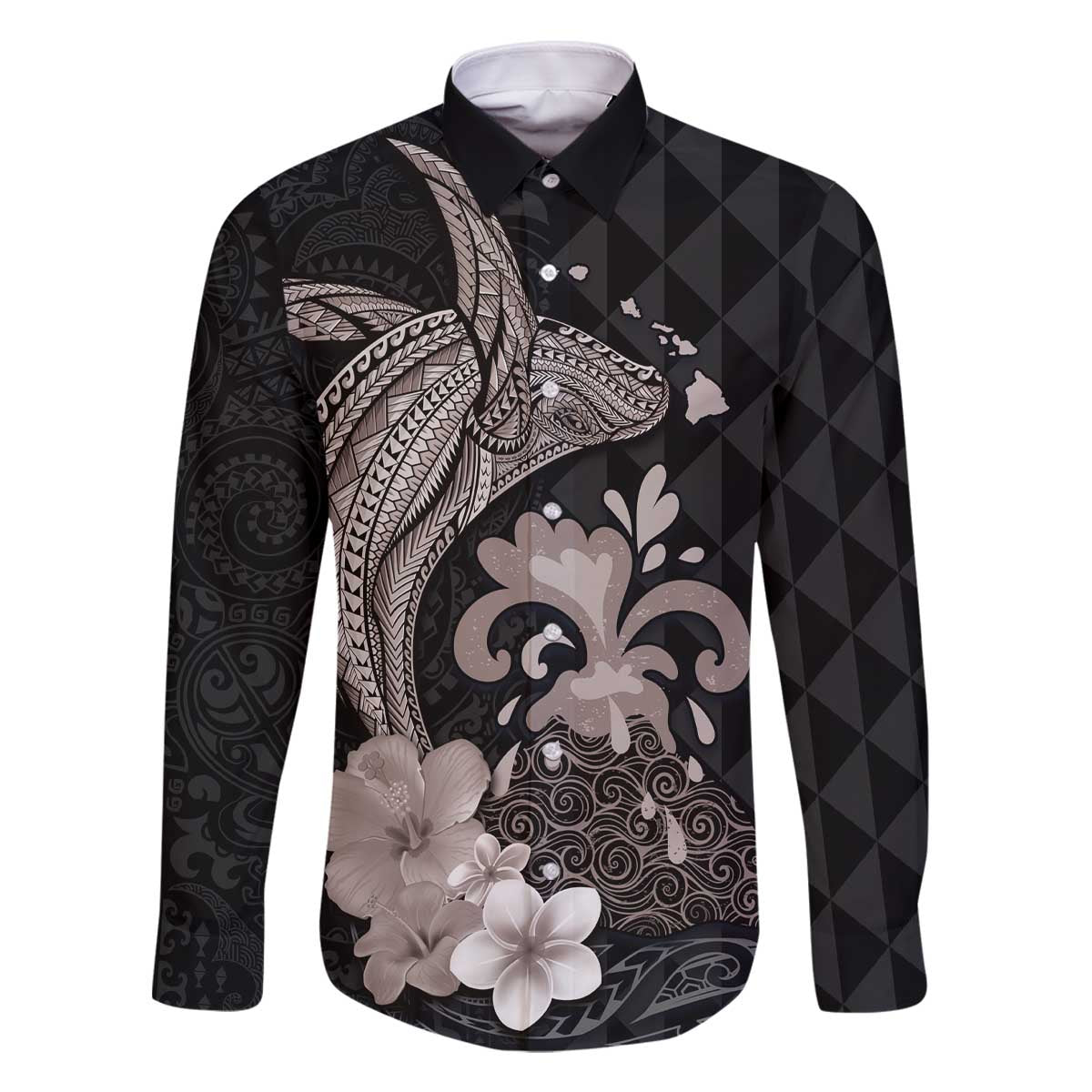 Hawaiian Whale and Volcanic Eruption Family Matching Off The Shoulder Long Sleeve Dress and Hawaiian Shirt Hibiscus and Kakau Pattern Grayscale Color LT03 Dad's Shirt - Long Sleeve Black - Polynesian Pride