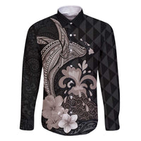 Hawaiian Whale and Volcanic Eruption Family Matching Off The Shoulder Long Sleeve Dress and Hawaiian Shirt Hibiscus and Kakau Pattern Grayscale Color LT03 Dad's Shirt - Long Sleeve Black - Polynesian Pride