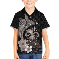 Hawaiian Whale and Volcanic Eruption Family Matching Off The Shoulder Long Sleeve Dress and Hawaiian Shirt Hibiscus and Kakau Pattern Grayscale Color LT03 Son's Shirt Black - Polynesian Pride