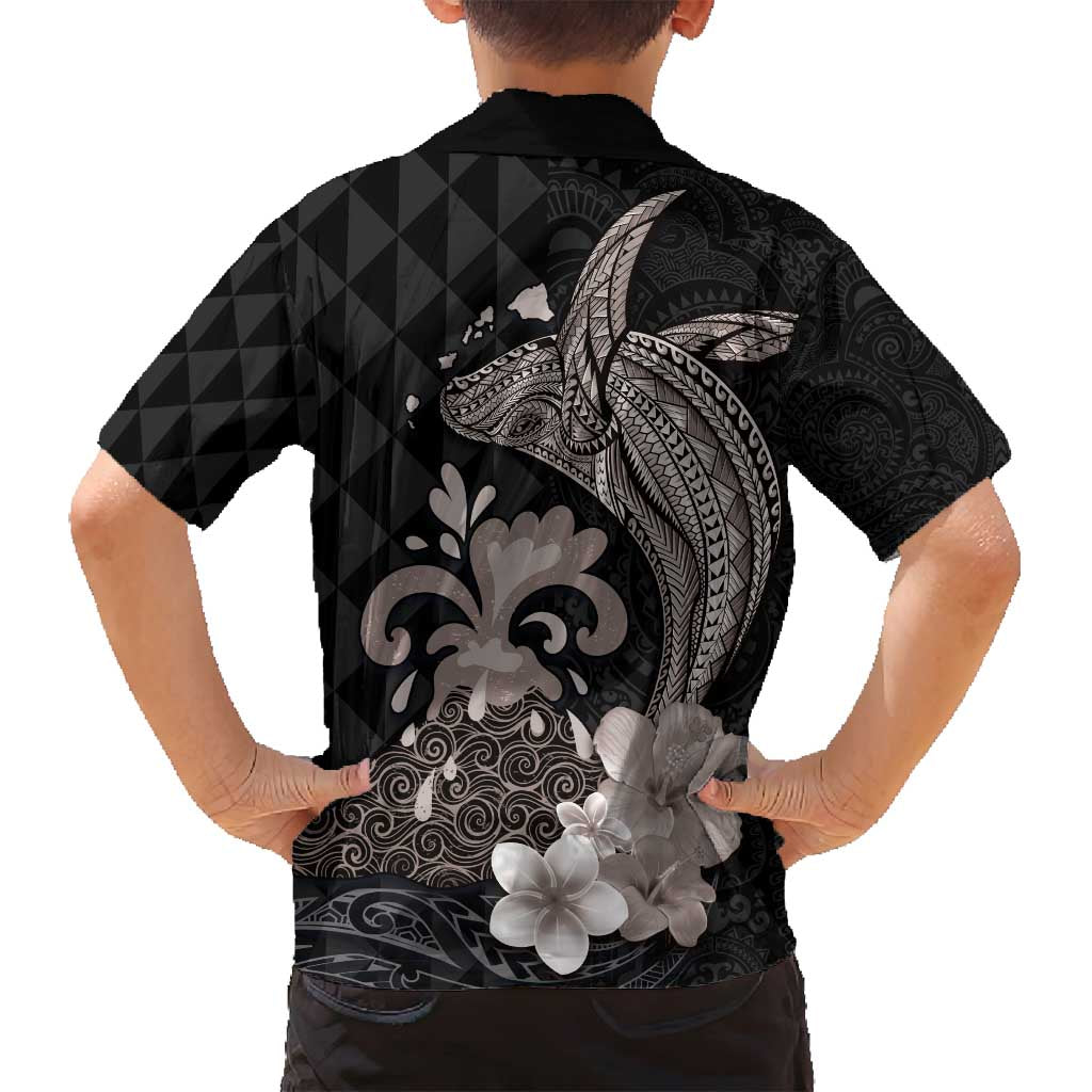 Hawaiian Whale and Volcanic Eruption Family Matching Off Shoulder Maxi Dress and Hawaiian Shirt Hibiscus and Kakau Pattern Grayscale Color LT03 - Polynesian Pride