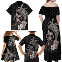 Hawaiian Whale and Volcanic Eruption Family Matching Off Shoulder Maxi Dress and Hawaiian Shirt Hibiscus and Kakau Pattern Grayscale Color LT03 - Polynesian Pride