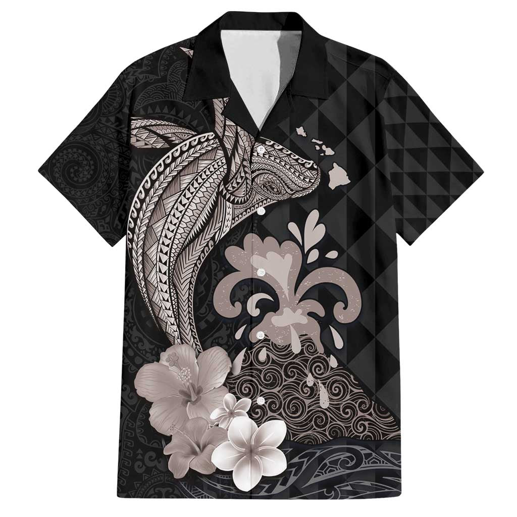 Hawaiian Whale and Volcanic Eruption Family Matching Off Shoulder Maxi Dress and Hawaiian Shirt Hibiscus and Kakau Pattern Grayscale Color LT03 Dad's Shirt - Short Sleeve Black - Polynesian Pride