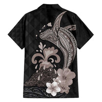 Hawaiian Whale and Volcanic Eruption Family Matching Off Shoulder Maxi Dress and Hawaiian Shirt Hibiscus and Kakau Pattern Grayscale Color LT03 - Polynesian Pride