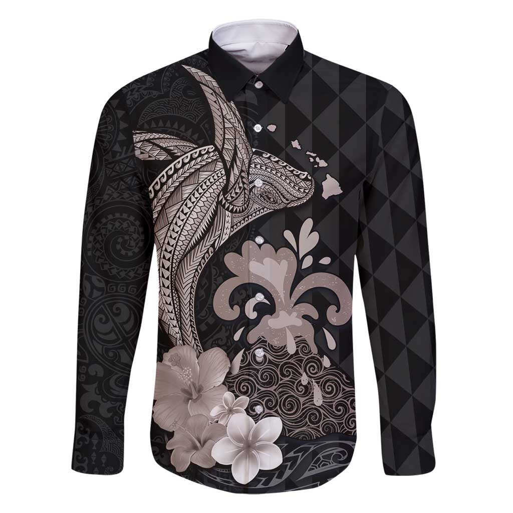 Hawaiian Whale and Volcanic Eruption Family Matching Off Shoulder Maxi Dress and Hawaiian Shirt Hibiscus and Kakau Pattern Grayscale Color LT03 Dad's Shirt - Long Sleeve Black - Polynesian Pride