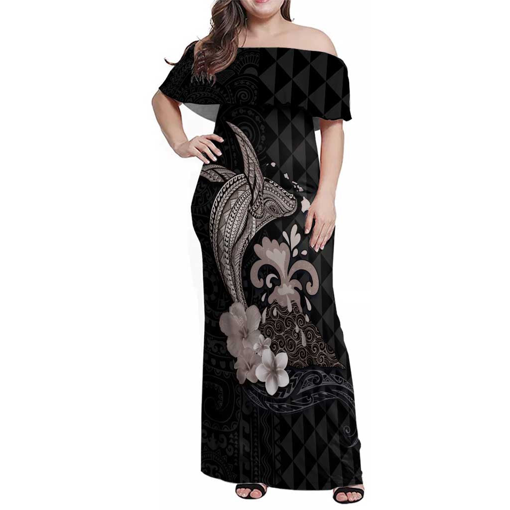 Hawaiian Whale and Volcanic Eruption Family Matching Off Shoulder Maxi Dress and Hawaiian Shirt Hibiscus and Kakau Pattern Grayscale Color LT03 Mom's Dress Black - Polynesian Pride