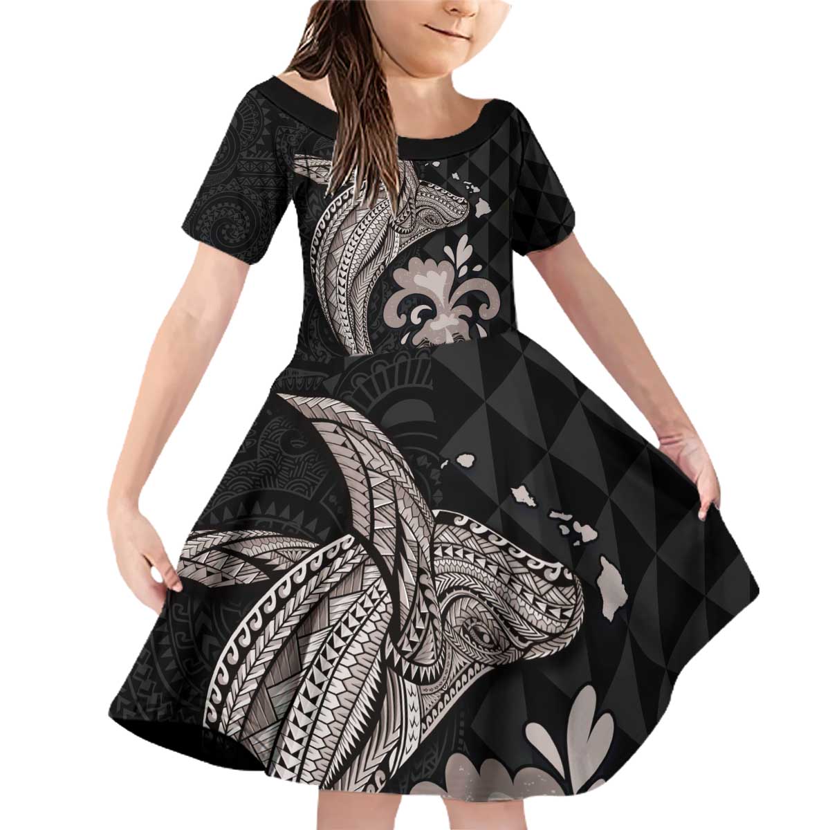 Hawaiian Whale and Volcanic Eruption Family Matching Off Shoulder Short Dress and Hawaiian Shirt Hibiscus and Kakau Pattern Grayscale Color LT03 Daughter's Dress Black - Polynesian Pride