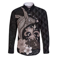 Hawaiian Whale and Volcanic Eruption Family Matching Puletasi and Hawaiian Shirt Hibiscus and Kakau Pattern Grayscale Color LT03 Dad's Shirt - Long Sleeve Black - Polynesian Pride